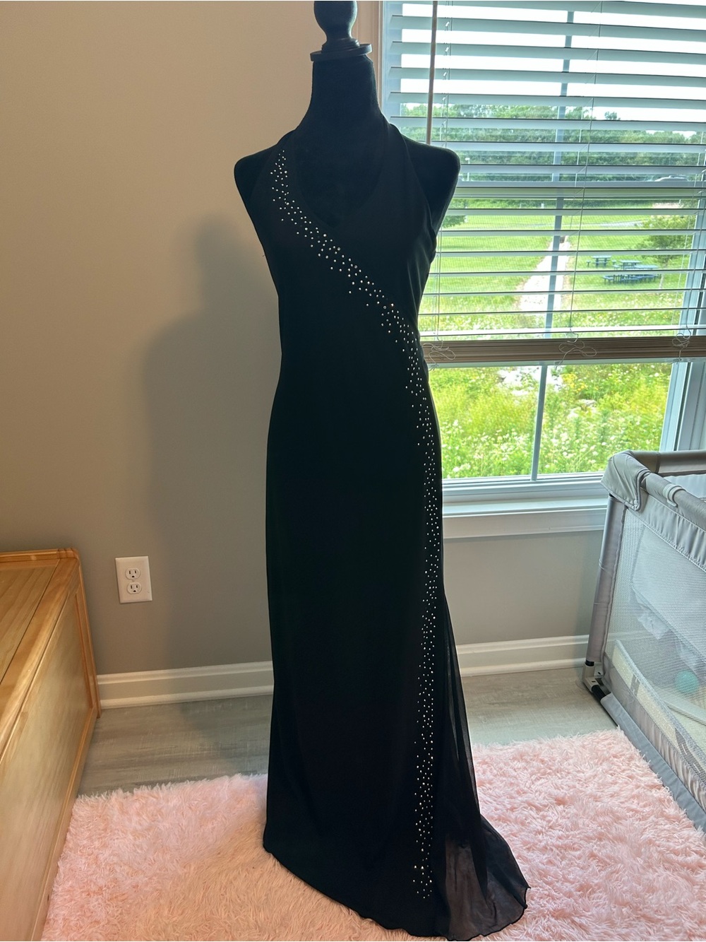 LipStick Black Halter Maxi Dress with Diagonal Rhinestone Detail
